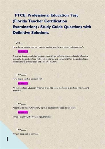 FTCE Professional Education Test Florida Teacher Certification Examination Study Guide Questions wi