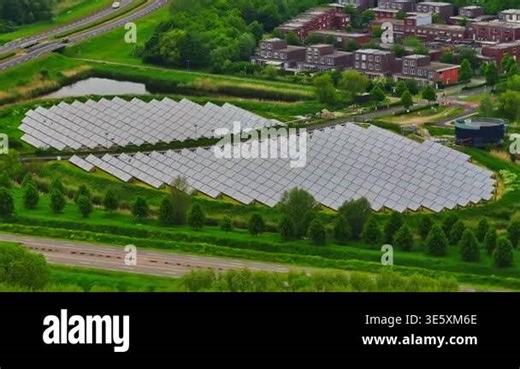Aerial view of modern residential city Almere. Netherlands. City with solar panels island providing city heating Stock Video Footage - Alamy