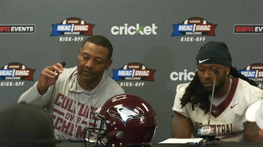 MEAC/SWAC postgame presser featuring NCCU Football head coach Trei Oliver and running back Chris Mosley. #EaglePride | North Carolina Central University Department of Athletics