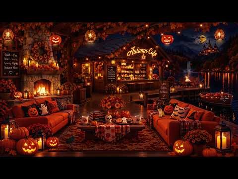 Golden Leaves Drift Around a Cozy Halloween Café🎃 Soft Autumn Jazz, Fireplace Glow & Peaceful Nights