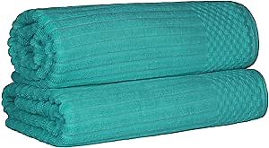 Cotton 2-Piece Solid and Ribbed Bath Sheet Set, Bath Sheets- 34" x 68", Turquoise by Superior