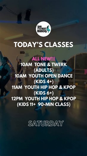 🎉 NEW KIDS DANCE CLASSES 🎉 We’re excited to introduce our all-new kids dance program, starting Saturday, January 10th!! We've got fun, confidence-building classes designed to get kids moving, learning, and loving dance! We also have one adult class at 10am for the "grown-ups"!! 10am Tone & Twerk (adults) 10am Youth Open Dance (kids age 4 ) 11am Youth Hip Hop and KPop (kids age 6 ) 12pm Youth Hip Hop and KPop (kids age 11 , 90-min.) Big moves for little dancers 💥🩰 AND a fun fitness class for 