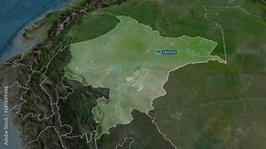 Loreto - region of Peru with its capital zoomed on the satellite map of the globe. Animation 3D