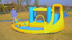 Outsunny Inflatable Water Slide, Kids Bounce House Water Park with Splash Pool, Climbing Wall, Air Pump, Water Cannon, Slide, Trampoline, 5-in-1 Bouncy Castle for Outdoor Backyard Fun with Air Blower