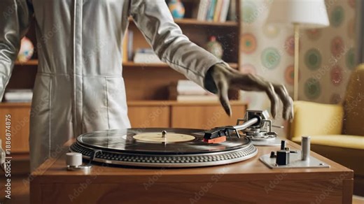 A grey extraterrestrial visitor explores human culture by acting as a DJ, scratching a vinyl record on a vintage turntable in a 1970s living room. This captures a surreal cultural fusion.