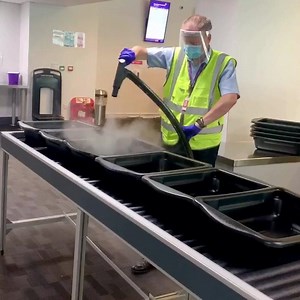 15K views · 366 reactions | As part of our Ten Point Plan to ensure the terminal is a safe environment for all, an enhanced cleaning regime is underway. Our security team are using specifically designed steam cleaners to disinfect trays after every use and prevent the spread of COVID-19  | Newcastle International Airport | Facebook