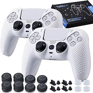 Silicone Skins Cover for PS5 Controller x 2(White) with Thumb Grips x 8, Plugs x 8, Anolog Protectors x 4