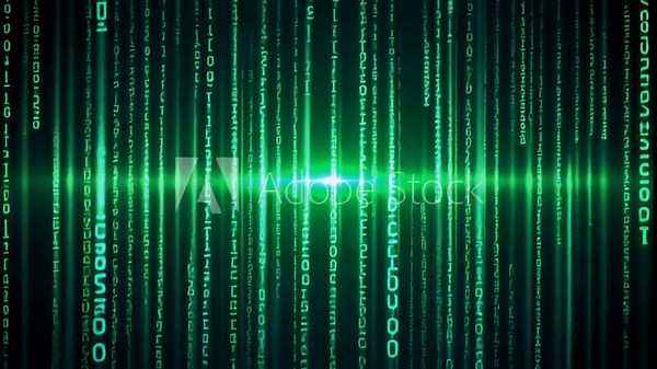 Digital green binary code rain cascading in a dark background, representing data flow and technology