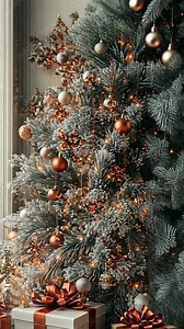 A beautifully decorated Christmas tree with copper and white ornaments and a stack of presents at the base.