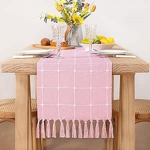 Socomi Farmhouse Macrame Plaid Coffee Table Runner - 90x13 inches Cotton Rustic Fall Thanksgiving Table Runner with Tassels for Boho Home Decor Dining Living Room - Pink