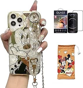 Cartoon Case for iPhone 13 Pro 6.1''with HD Screen Protector, Minnie Mouse with Wrist Strap Kickstand Metal Chain Strap Soft TPU Shockproof Protective for Girls Women