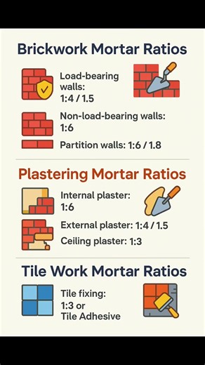 Basic Knowledge for Civil Engineering | Brickwork Plastering and Tile Work Mortar Ratios | #Shorts