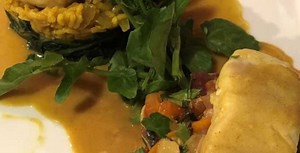 WILD ALASKA POLLOCK CURRY WITH COCONUT, RICE, BELL PEPPER, SPINACH AND KUMQUAT