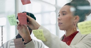 Business women, ideas and planning on glass sticky notes for project timeline, calendar and training in marketing. Professional manager and people with workflow management or scrum and agile solution