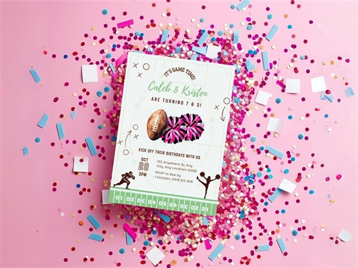 Game on Football Cheerleading Invite, Joint Sibling Pink Black White Pom Pom Birthday Invitation Template - Etsy