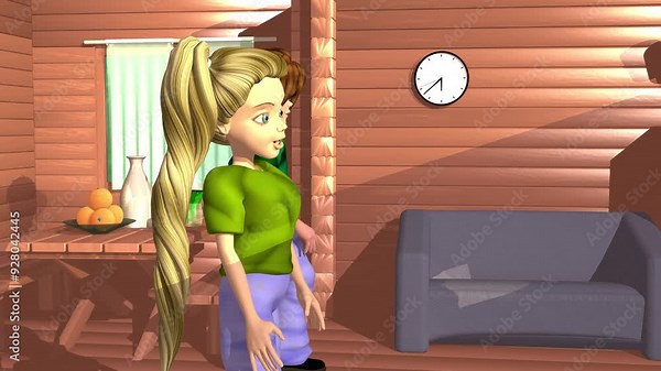 3d animation, two cartoons characters talking inside the wooden house Stock Video