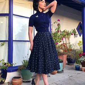 50s 60s VTG Navy Blue with Silver Triangles 100% Silk Circle Skirt