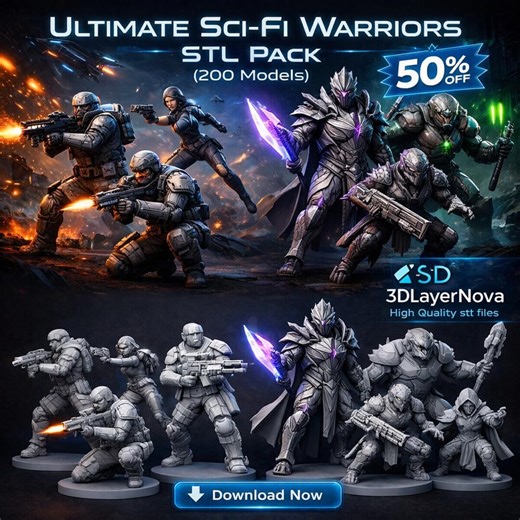Ultimate Sci-Fi Warriors STL Pack 200 Miniatures Tabletop & Wargaming 3D Printable STL Files