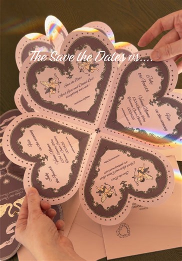 We had two different color palettes in mind when designing this suite for A D, but there were certain components we wanted to keep consistent. We used a few of the same patterns throughout the invitations and the save the dates to keep some cohesion, and aimed to incorporate a ton of movement in both. From the folding heart Save the Dates through to the spinning details card and the nesting doll RSVP card. The result was a cohesive vision with two very distinct components. #weddinginvitation #we