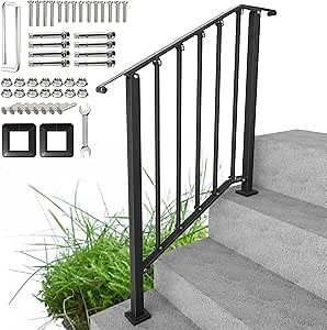 Outdoor Stair Handrails, 3 Steps Black Wrought Iron Railing Kits for Concrete or Wooden Porch Steps