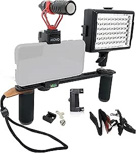 Movo PR2-MOJO Smartphone Video Rig - Phone Handle Grip with Shotgun Microphone and LED Film Light Vlogging Equipment Compatible with iPhone, Samsung, Android for Filmmaking, Livestream, Journalism