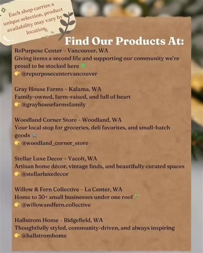 ✨ Prefer to shop local? You can find our products stocked at these amazing small businesses across SW Washington. Each shop carries a unique selection, so availability may vary by location. We’re so grateful to partner with stores that value community, sustainability, and thoughtfully made goods  Be sure to give them a follow and stop in when you’re nearby! | The Homestead Farm | Facebook