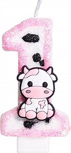 Pink Cow Glitter Birthday Candles Number 1 Birthday Decorations, Holy Cow Im One Birthday Decorations, Number 1 Candle for Cake, Cowgirl Theme Number Candle for Girls First 1st Birthday Party Décor