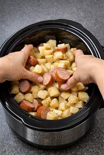 Sausage and Potato Dinner Recipe Ingredients 1 1/2 pounds russet or Yukon gold potatoes, scrubbed and diced into 1/2-inch cubes 1 pound smoked sausage or kielbasa, sliced into 1/2-inch rounds 3 tablespoons olive oil or melted butter 1 teaspoon kosher salt 1/2 teaspoon freshly ground black pepper Directions Lightly grease the inside of your slow cooker crock with a little oil or nonstick spray to help with cleanup. Scrub the potatoes (peel if you prefer) and dice them into roughly 1/2-inch cubes 