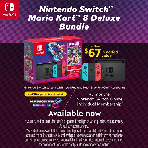 Save with this bundle featuring a Nintendo Switch™ system, the Mario Kart™ 8 Deluxe game, and online membership! | Nintendo Switch