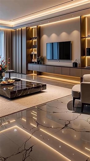 a luxurious, modern living room with an elegant design. The space features: • Flooring: Polished marble tiles with dark vein patterns, highly reflective and adding a sense of sophistication. • Ceiling & Lighting: A recessed ceiling with warm ambient LED strip lighting around the edges, creating a cozy and stylish glow. Spotlights add extra brightness and depth. • Furniture: Neutral-toned, contemporary seating with a large sectional sofa and modern armchairs in beige/cream shades. The cushions ad