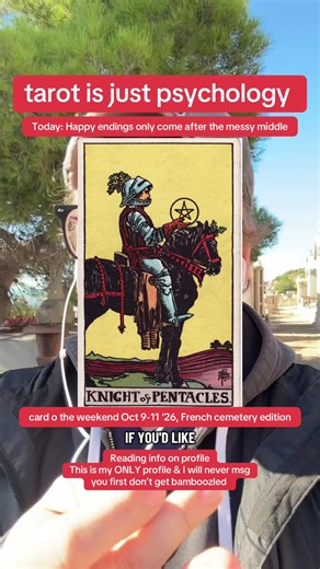 The Knight of Pentacles is about the unglamorous, uninspiring but necessary work we all must do to get from a burst of inspiration to the fruition of a goal. It’s about diligence and doing the work—but also about our distaste for sticking to things. - Look closely at the Knight himself and you might notice he doesn’t look particularly enthused… maybe even bored or disgruntled. He seems to have/ lost sight of the magic, his sense of purpose, as he plods through the actual work. - The parallels to