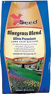 X-Seed Bluegrass Lawn Seed Blend with 4Most Seed Enhancement by DLF - Fast-Growing, Drought-Tolerant, Cool-Season Grass Seed for Thick, Green Lawns, 3 lbs. Covers up to 4,900 sq. feet, 99.9% Weed Free