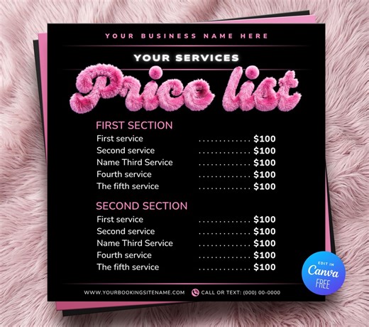 Price List Template Flyer Beauty Service Menu Lash Nail Hair Social Media Post, Canva - Etsy