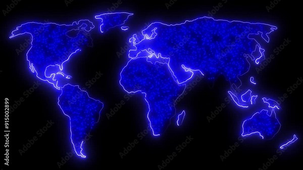 World map from glowing blinking particles. Digital planet Earth. World Map Borders Outline Loop Background.