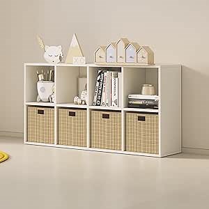 Wood Cube Storage Organizer Closet Cabinet for Living Room Bedroom Study Shelf Bookcase Wooden Floor Standing Open Bookshelf for Kids Home Office Display Storage Cabinet (White, 8-Cube, 11.81in)