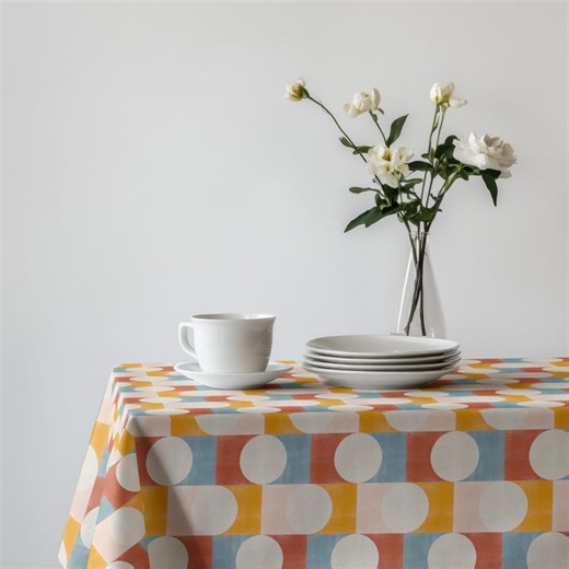 Teal Blue Mustard Terracotta Geometric Tablecloth, Mid Century Modern Table Linen, Retro Circle Pattern Dining Table Cover - Etsy
