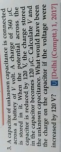A capacitor of unknown capacitance is connected across a batter... | Filo