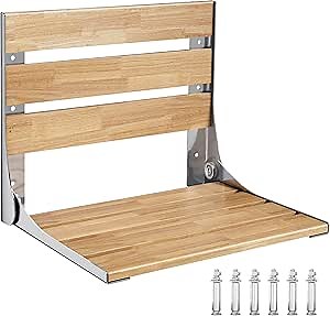 18" Folding Teak Shower Seat Wall Mounted, Fold Down Shower Bench for Indoor Shower, Home Care Bath Safety Furniture, ADA Compliant, Clear Coated for Extra Protection, Maximum Load 450 lb