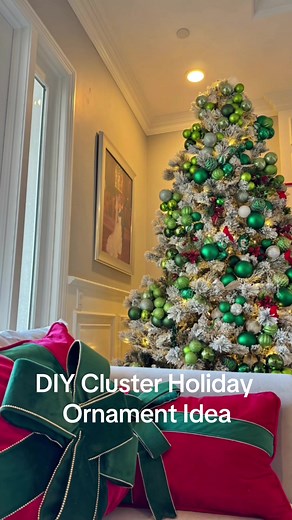 inspiredchick Tried the viral DIY cluster ornament method on tree number 2 which stands tall in our Christmas room and went with all green this year! Friends, once I taught my kids how to cluster the ornaments, they basically decorated the whole tree. How do you think it turned out? Can't wait to share tree number 3, in my entryway: we did a mega cluster on her #diyornaments #christmastreedecorating #diychristmasdecor #itstime #christmas2023