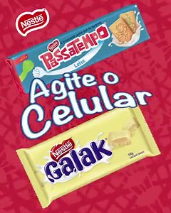 Passatempo e Galak: a combinação que faltava para deixar o seu dia mais feliz! #PraCegoVer Um vídeo com fundo vermelho animado mostra acima um pacote de Biscoito Passatempo ao leite e, abaixo, uma barra de chocolate Galak. No meio deles, há a frase: "Agite seu celular". Quando você agita, as embalagens se fundem e se transformam em uma embalagem de Galak Passatempo, como em uma explosão. | Nestlé Chocolates