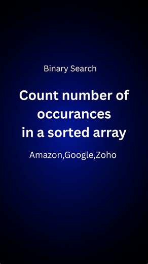 Govind Pothuraju on Instagram: "Day 7/200: Count Occurrences of Element in a Sorted Array Save for interviews Given a sorted array, count how many times a target element appears. ⚡ Solution: Use Binary Search to find first and last occurrence → count = lastIndex - firstIndex + 1 (O(log n)). Follow @codewith_govind for 200 days of DSA. Comment “CODE” for snippets in C++/Java/Python. #Day7DSA #CountOccurrences #BinarySearch #SearchAlgorithms #DSA #DataStructures #Algorithms #DSAforInterviews #Inte