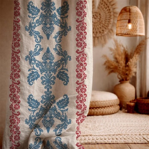 Blue Damask Linen Curtain Panel, Red Border, Vintage Block Print - Etsy