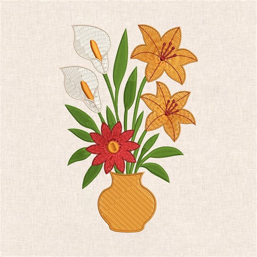 Flower Vase Embroidery Design | Floral Bouquet Embroidery File | Lily & Calla Lily Design | Machine Embroidery Pattern