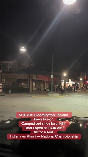 5:30 in the morning on National Championship day in Bloomington, Indiana. These lines started last night. People camped out overnight in single-digit wind chills just for a chance at a seat when doors open at 11 AM. Three local spots. One championship. Indiana vs Miami. This town lives it. 🏈 🔥 #FYP #NationalChampionship #IUFootball #NeverDaunted #NicksEnglishHut @theupstairspub @Brothers Bloomington @Kilroy’s on Kirkwood