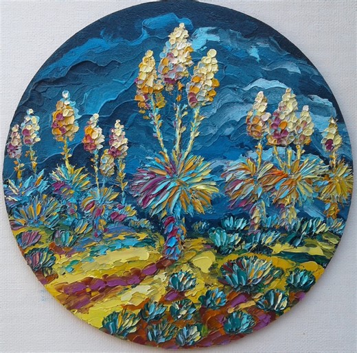 Flowering Yucca Plant Oil Painting Original: Chihuahuan Desert, Southwest Landscape Storm Sky, Round Canvas - Etsy UK