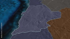 Antofagasta, region with its capital, zoomed and extruded on the administrative map of Chile in the conformal Stereographic projection. Animation 3D