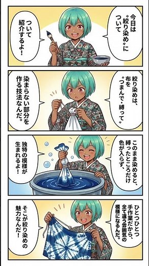 絞り染めってなあに？#着物 #着物好き #kimono #工芸 #着物知識 #マンガ #漫画 #4コマ #エッセイマンガ #エッセイ漫画 #comic #ai漫画 #aicomic