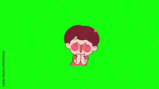 Looping 2D animation of a cute cartoon girl with brown hair and rosy cheeks eyes closed in bliss, tongue playfully sticking out, hands clasped under chin centered on bright green chroma key background