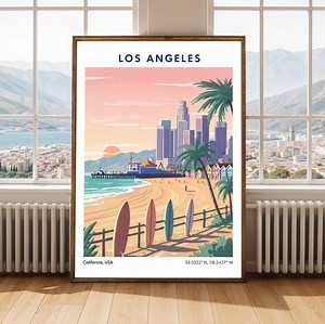 Los Angeles Poster – Vintage Travel, Beach Scene With Surfboards, Pink Sky, Blue Ocean - Etsy