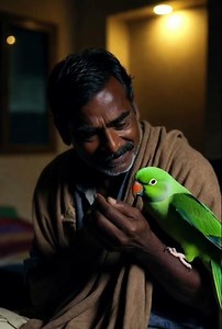 A gentle middle-aged Indian man in simple light-brown kurta standing outside his small village house